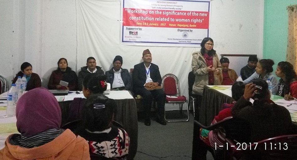 नेपालकाे संबिधान, युवा महिला हरूकाे हक अधीकार र कानुनी ब्यवस्था बारे दुर्इ दिने कार्यशाला गाेष्ठि शुरू